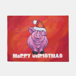 Niedliches Schweinefleisch in Weihnachtsmannmütze Fußmatte