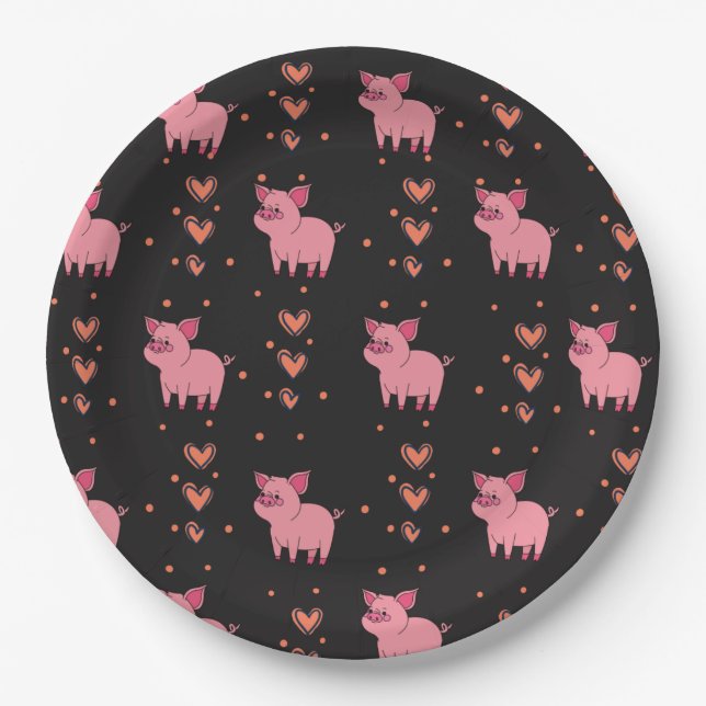 Niedliches Schweinefleisch mit rosa Herzmuster Sch Pappteller (Vorderseite)