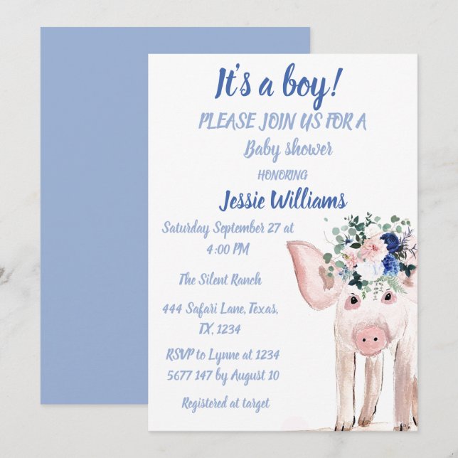 Niedliches Schweinefleisch Zuchttiere Blue Baby Bo Einladung (Vorne/Hinten)