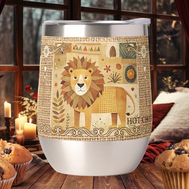 Niedliches Scrapbook Gemütliche Tiere, die isolier (Cute insulated tumbler featuring scrapbook animals on retro burlap - coffee - hot chocolate)