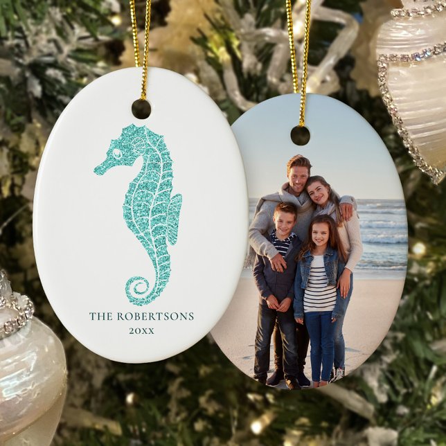 Niedliches Seepferd Aqua Glitzer Küste Weihnachten Keramik Ornament (Von Creator hochgeladen)