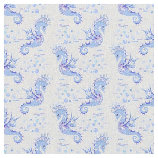 Niedliches Seepferd Blaues Lila Muster Stoff (Nahaufnahme)