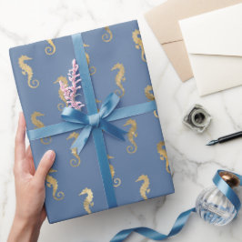 Niedliches Seepferd Blue Gold Mermaid Theme Party Geschenkpapier