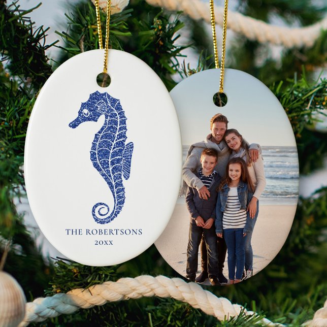 Niedliches Seepferd Navy Glitzer Küste Weihnachten Keramik Ornament (Von Creator hochgeladen)