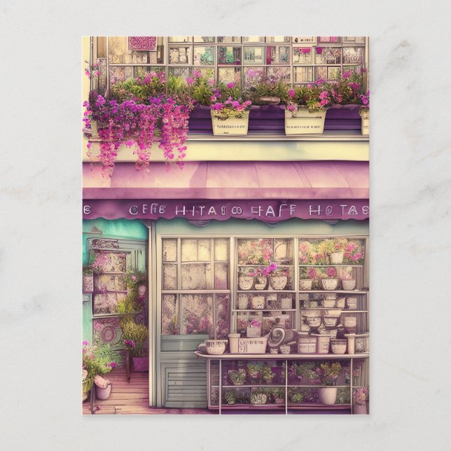 Niedliches Shabby Chic Coffee Shop Grafik Postkarte (Vorderseite)