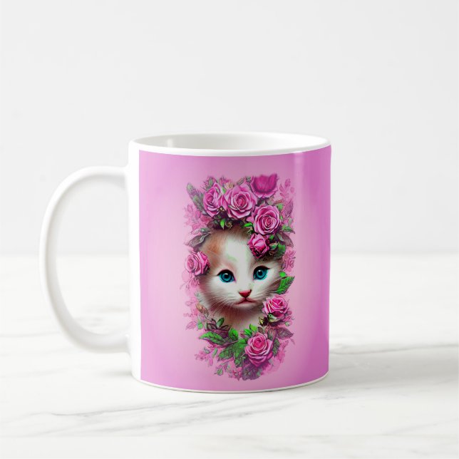 Niedliches Shabby Chic Kitten mit rosa Rosen Kaffeetasse (Links)