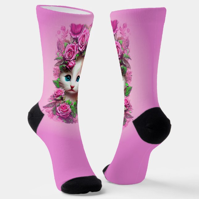 Niedliches Shabby Chic Kitten, Rosa Rose Socken (Gewinkelt)