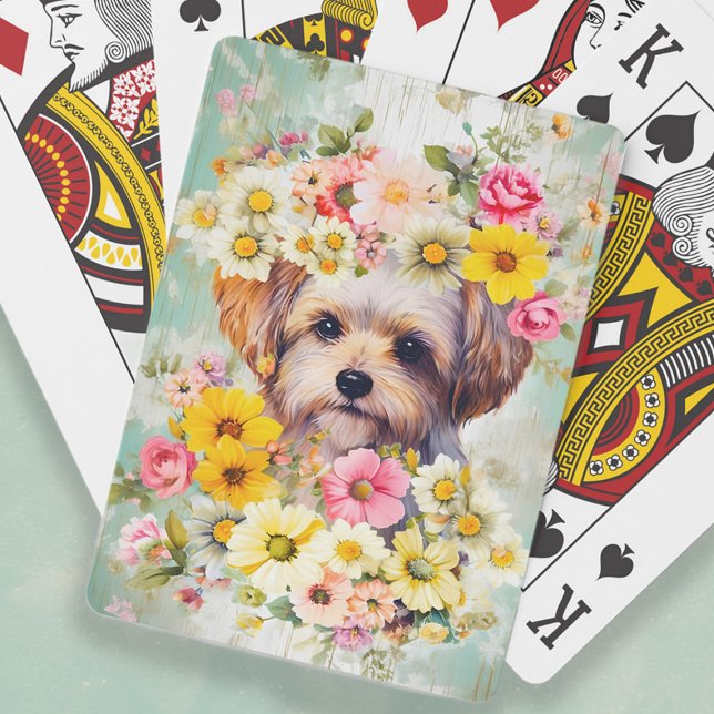 Niedliches Shabby Chic Malteser Hunde Blume Spielkarten (Maltese dog shabby chic floral playing cards)