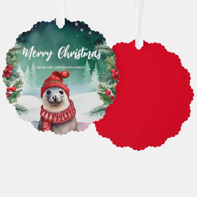 Niedliches Siegel Löwe Weihnachtsfeier Ornament Karte (Vorderseite/Rückseite)