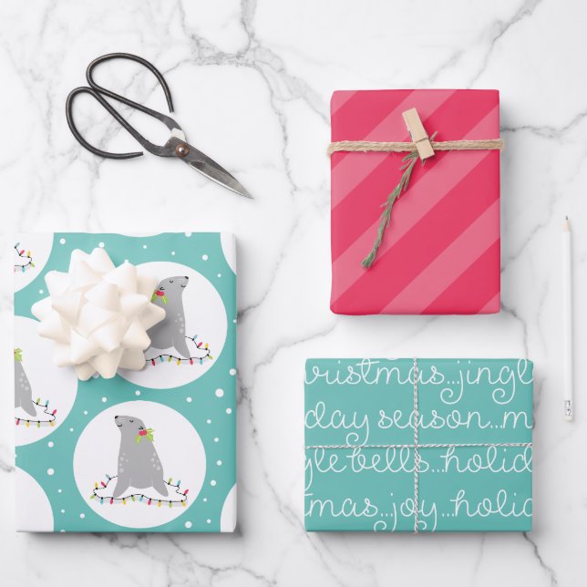 Niedliches Siegel Weihnachten Geschenkpapier Set (Vorderseite)