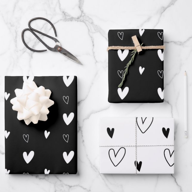 Niedliches skandinavisches Herzmuster Schwarz und  Geschenkpapier Set (Vorderseite)
