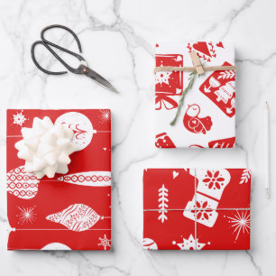 Niedliches skandinavisches Rot-Weiß-Weihnachtsmust Geschenkpapier Set