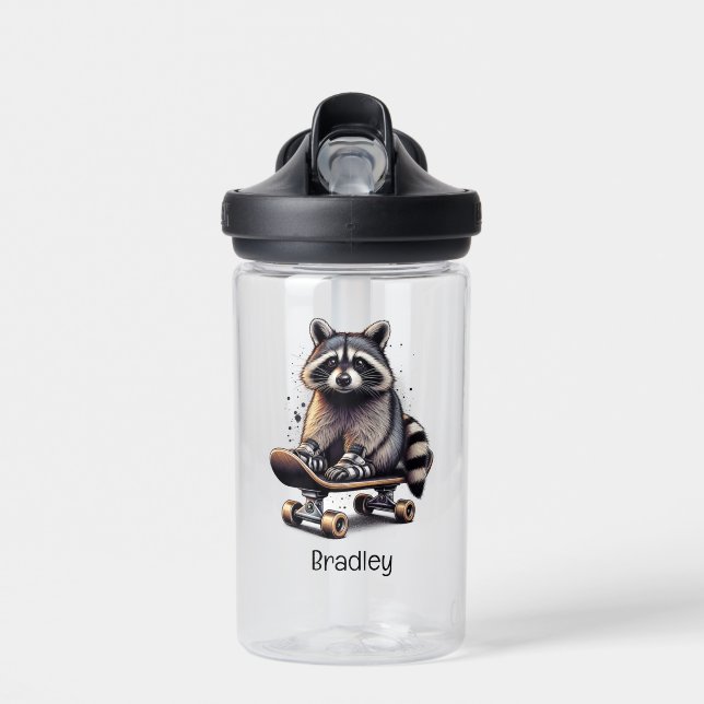 Niedliches Skateboarding Raccoon Spaß Tierart Art Trinkflasche (Vorne)