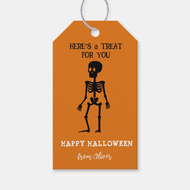 Niedliches Skelett Black & Orange Halloween Geschenkanhänger (Vorderseite)