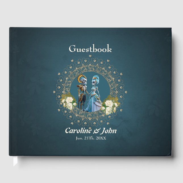 Niedliches Skelett Hochzeitskuppelgotik Gästebuch (Vorderseite)