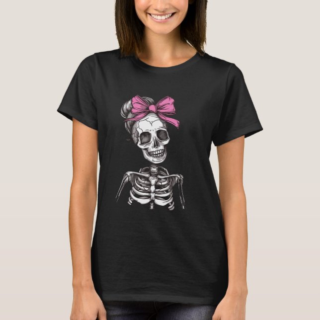 Niedliches Skelett Skull Coquette Pink Bow Krawatt T-Shirt (Vorderseite)