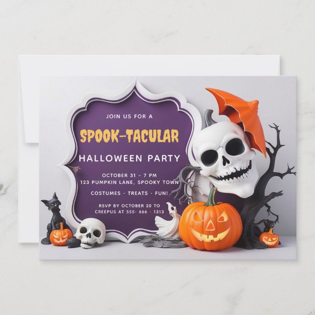 Niedliches Skelett und Pumpkins-Halloween-Party Einladung (Vorderseite)