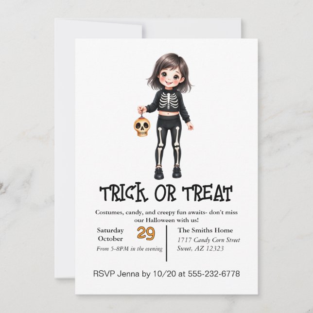 Niedliches Skelettkind zu Halloween Einladung (Vorderseite)