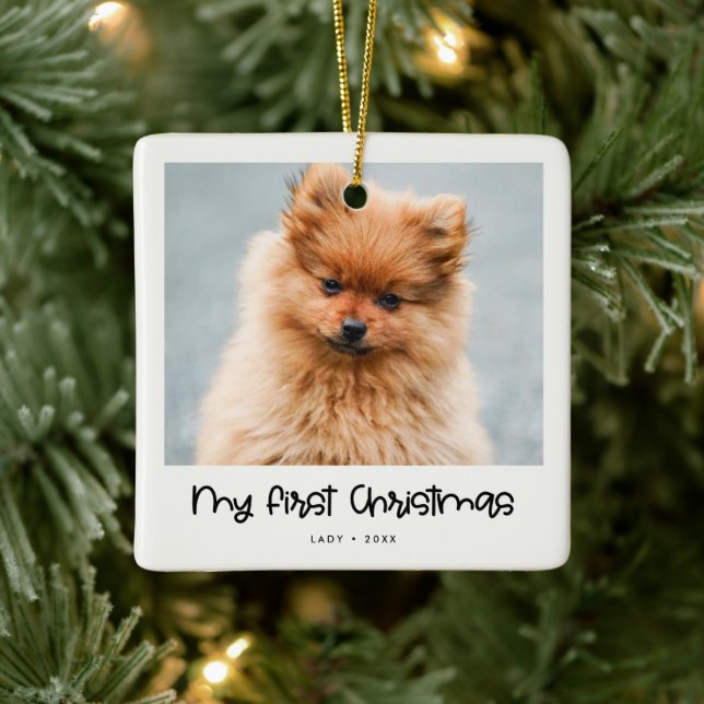 Niedliches Skript Animal First Christmas Foto Keramikornament (Baum)