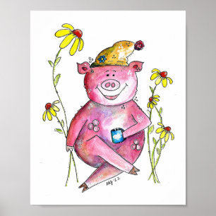 Niedliches skurriles Schwein beim Kaffeetrinken Poster
