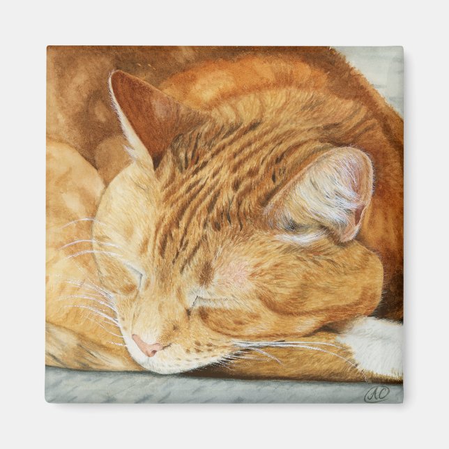 Niedliches Sleepy Cat Watercolor Square Magnet (Vorne)