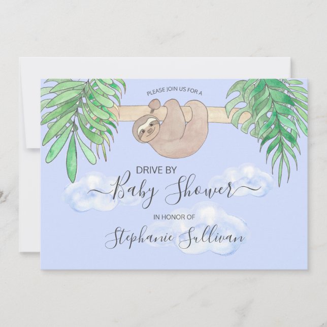 Niedliches Sloth Baby Blue Drive mit Babydusche Einladung (Vorderseite)