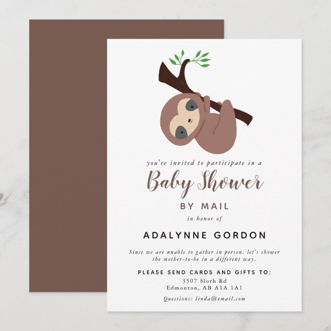 Niedliches Sloth Baby Dusche von Mail Boy Adorable Einladung (Vorne/Hinten)