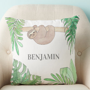 Niedliches Sloth Baby Jungle Blätter Aquarellname Kissen