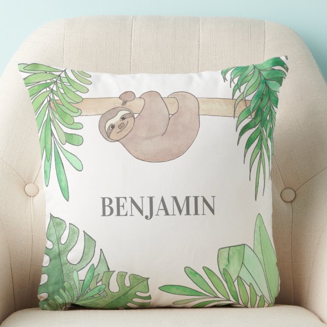 Niedliches Sloth Baby Jungle Blätter Aquarellname Kissen (Von Creator hochgeladen)
