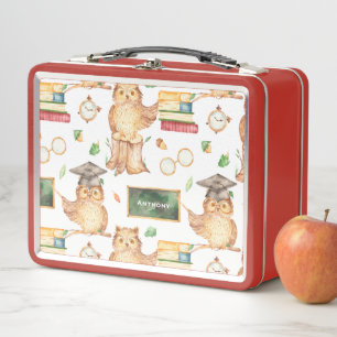Niedliches Smart Owl mit dem Namen der Chalkboard- Metall Brotdose