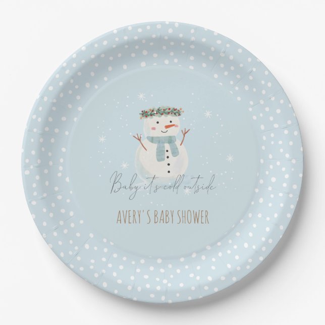 Niedliches Snowman Baby Es ist kalte Außendusche Pappteller (Vorderseite)