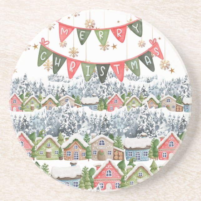 Niedliches Snowy Frohe Weihnachtsdorf Getränkeuntersetzer (Vorne)