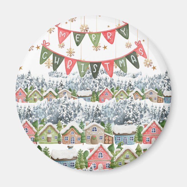 Niedliches Snowy Frohe Weihnachtsdorf Magnet (Vorne)