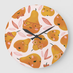 Niedliches Sommermuster mit Orangenbirnen. Große Wanduhr