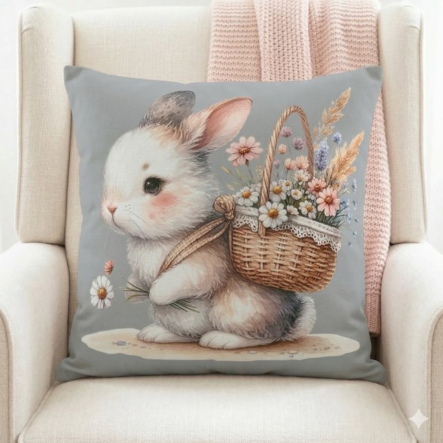 Niedliches Sonnenbad mit Blume Kissen (Cute Bunny with Flowers Watercolor Art Throw Pillow Mockup A)