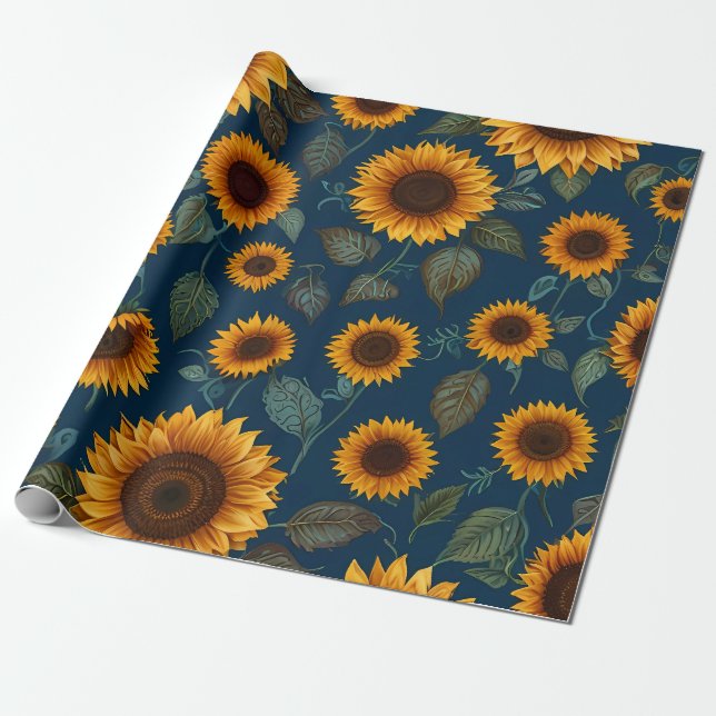 Niedliches Sonnenblumenmuster Blau Geschenkpapier (Ungerollt)