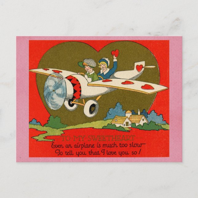 Niedliches, sonniges Vintages Valentinstag Flugzeu Postkarte (Vorderseite)