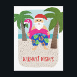 Niedliches sonniges Weihnachten im Juli<br><div class="desc">Diese attraktive Urlaubspostkarte verfügt über einen handgezogenen tropischen Santa, mit bunten Schwimmstämmen und einem hellen Fuchsia Flamingo Schwimmbad Float! Weitere Unterhaltungsmöglichkeiten sind Palmen, das Meer und ein Sandstrand. Einfach mit eigenem Text auf der Rückseite anpassen! Senden Sie Lächeln in dieser Weihnachtszeit oder für Weihnachten im Juli!! *Künstler, die ausschließlich von...</div>