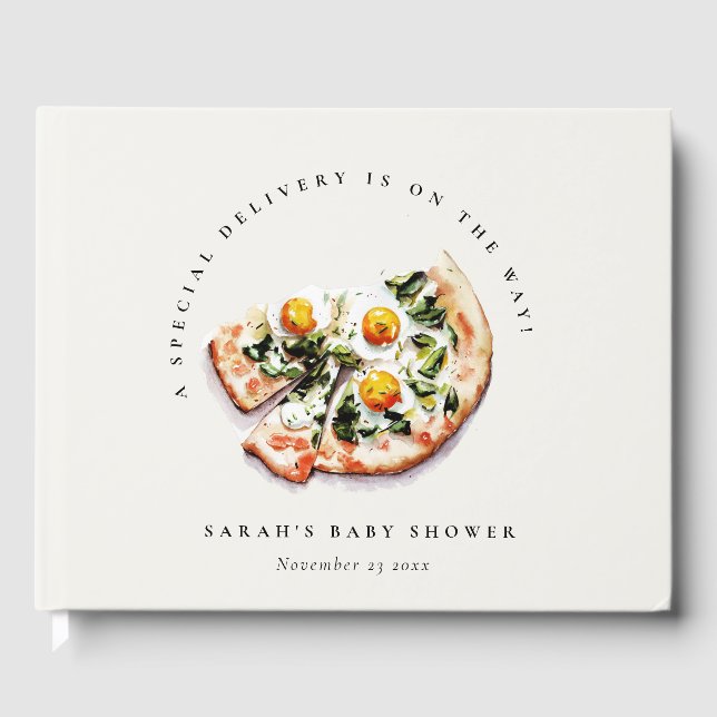 Niedliches Special Delivery Pizza Baby Dusche Part Gästebuch (Vorderseite)