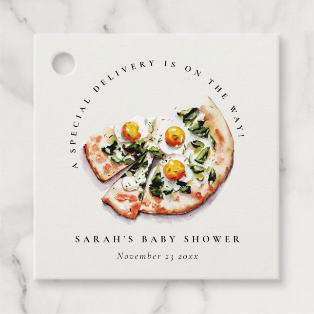 Niedliches Special Delivery Pizza Baby Dusche Part Geschenkanhänger (Vorderseite)