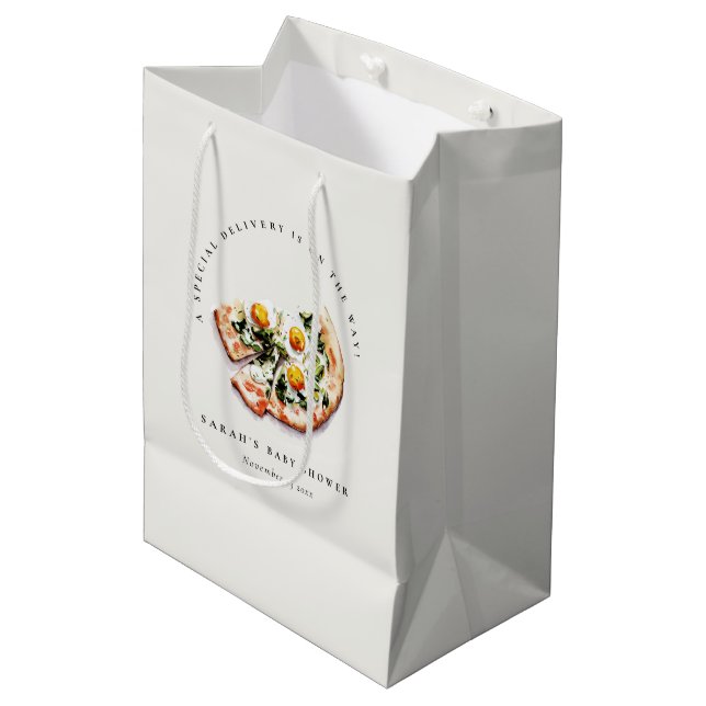 Niedliches Special Delivery Pizza Baby Dusche Part Mittlere Geschenktüte (Vorderseite Schrägansicht)