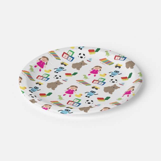 Niedliches Spielzeugmuster Pappteller (Schrägansicht)