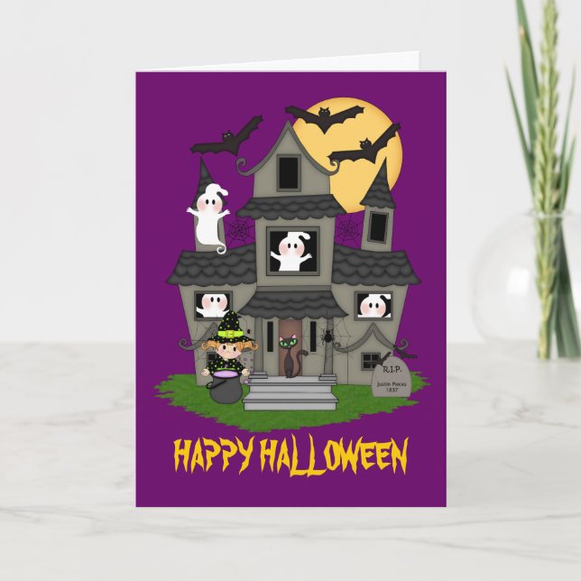 Niedliches Spuk Haus Halloweens und kleine Hexe Karte (Vorderseite)