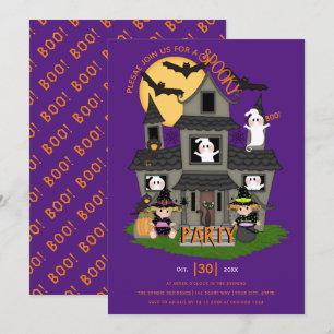 Niedliches Spuk Haus lila Halloween-Party Einladung