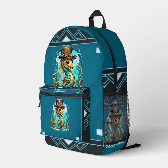Niedliches Steampunk-Seepferd mit einem stilvollen Bedruckter Rucksack (Rückseitige Ecke Rechts)