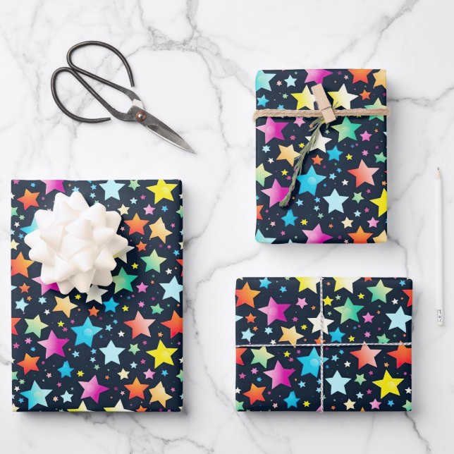 Niedliches Sternmuster Party Geschenkpapier Set (Vorderseite)