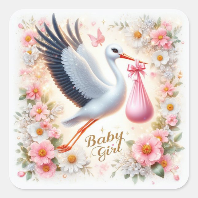 Niedliches Stork Carry Baby Girl Quadratischer Aufkleber (Vorderseite)