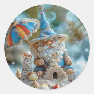 Niedliches Strandgnome mit Regenschirm Runder Aufkleber