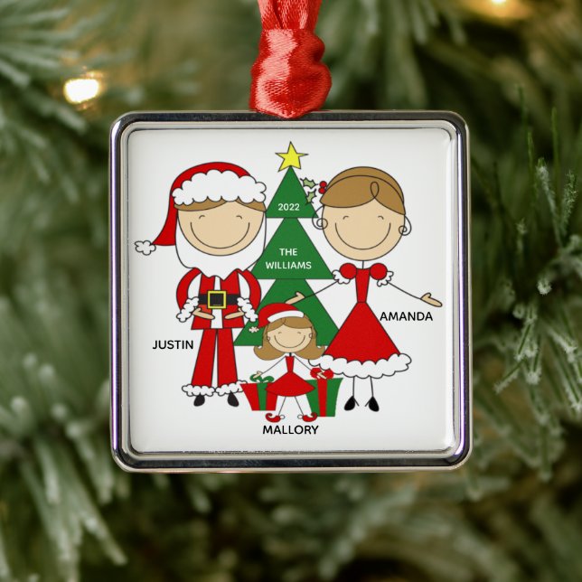 Niedliches Strichmännchen Familie von 3 Weihnachts Ornament Aus Metall (Baum)