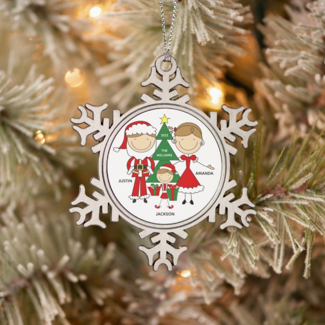 Niedliches Strichmännchen Familie von 3 Weihnachts Schneeflocken Zinn-Ornament (Baum)